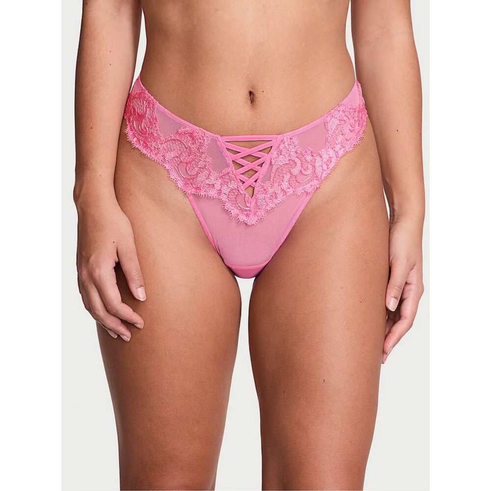 LARGE {Victoria's Secret} Pink {Lace} Brazilian Slip Panty - Picture 4 of 6